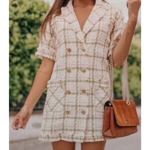 Zara Double Breasted Tweed Yellow Orange Cream Plaid Retro Mini Dress Medium